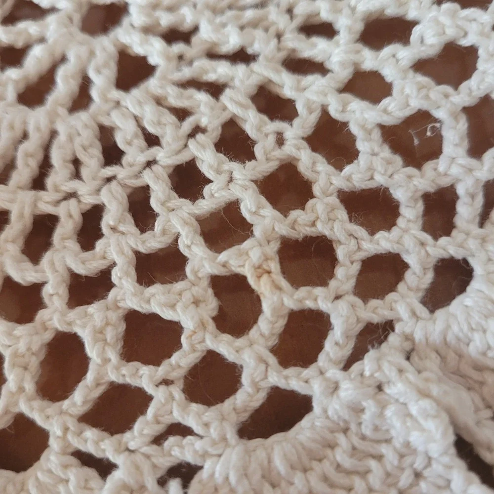 Vintage Crochet Doily 25' White Brown Border Pinnapple Pattern Granny Chic Retro